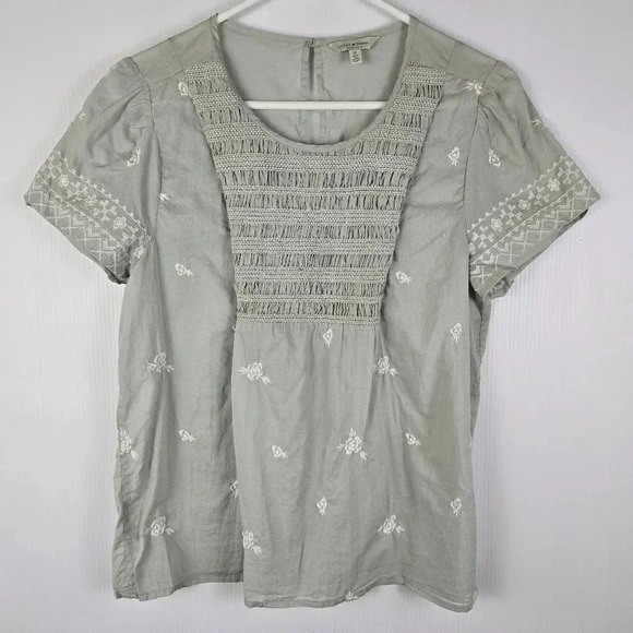 Lucky Brand grayish green short sleeve smocked peasant top - Picture 1 of 13